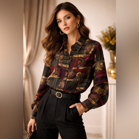 SMW Tops - SMW Women’s Vintage Patchwork Button-Down Shirt – Green & Burgundy